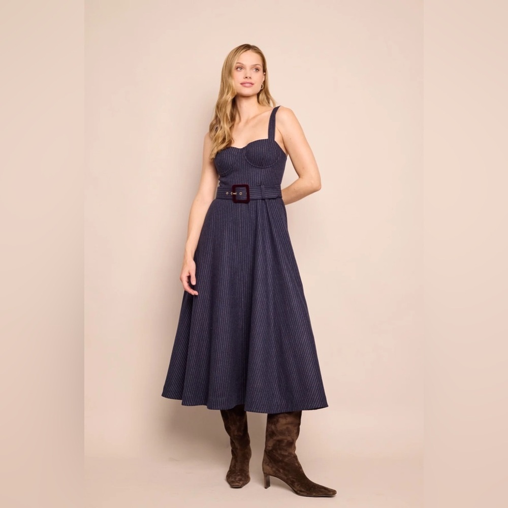 NEW Cara Cara Calypso Belt Bustier Midi Dress Navy Chalk Pin Stripe US 6 UK 10 - Picture 4 of 14